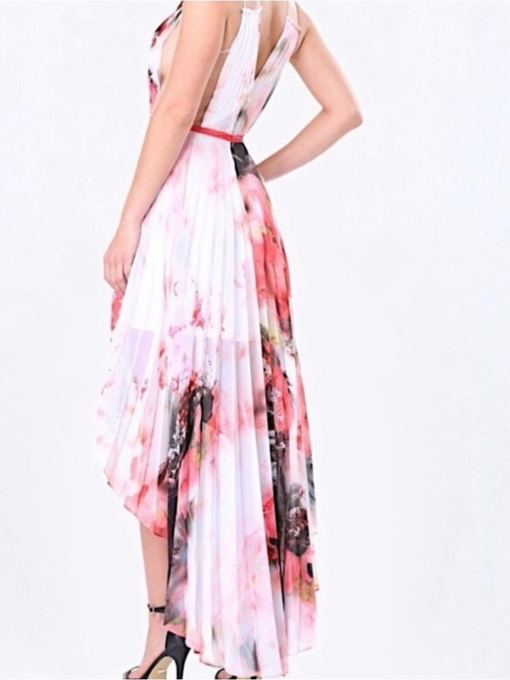 Vintage Y2K Sexy bebe Pink Floral Pleated V-Neck High-Low Rare Dress - Picture 4 of 13